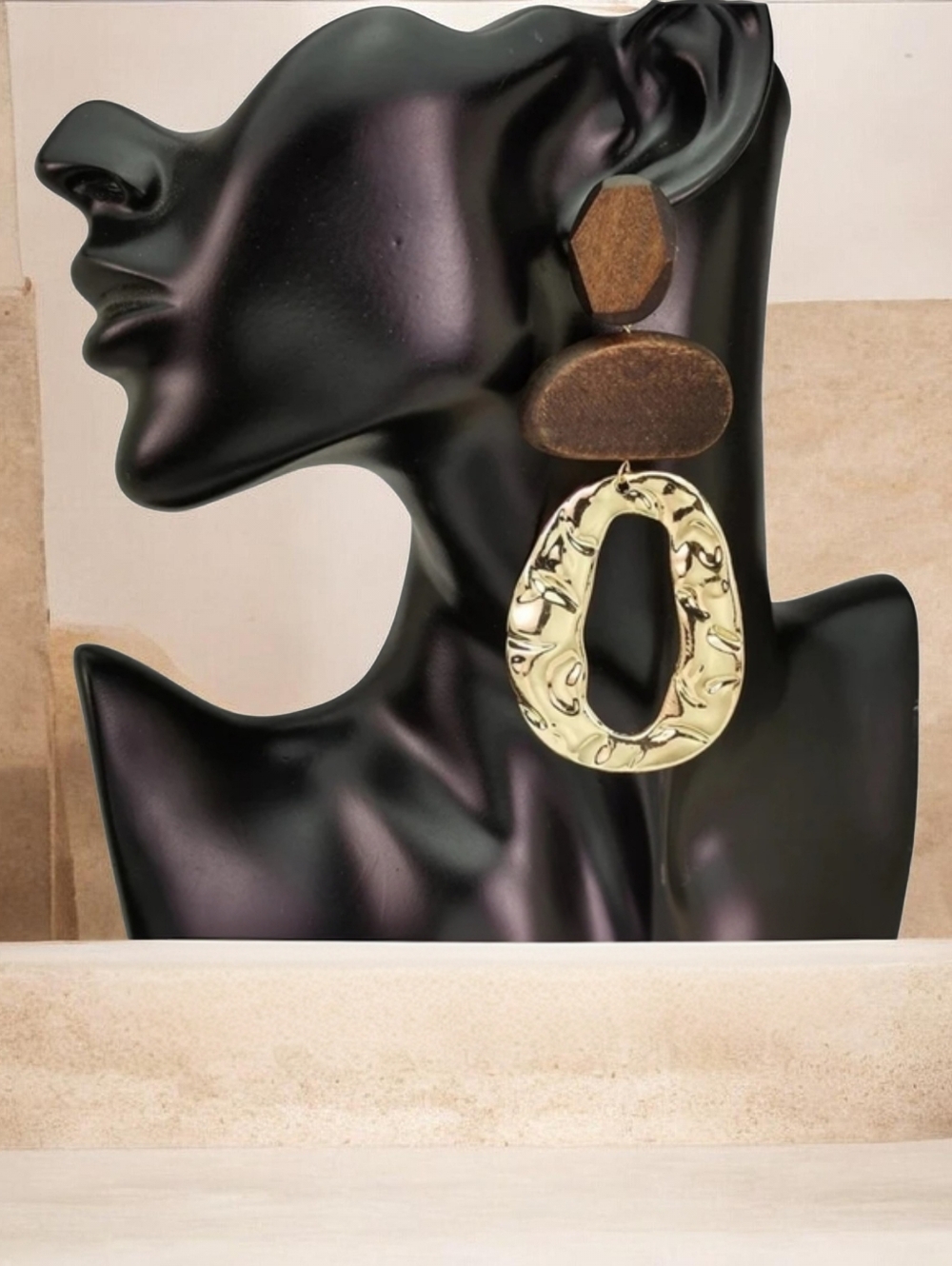 NWT Bold Asymmetrical Wood & Hammered Gold Statement Drop Earrings